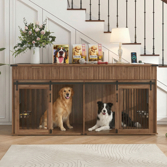 71'' Furniture Style Double Dog Crate with 3 Fluted Drawers and Waterproof Walnut Woodgrain Tabletop,Large Dog Kennel Furniture with Type-C Power Outlet & Rotating Feeders for Heavy Duty Dogs(Walnut) - SolidRoot Buy Furniture USA