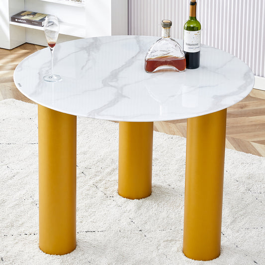 Round white dining table, artificial marble glass stickers, golden MDF legs, kitchen dining table, living room dining table 40 '* 40' * 29.4 'F-X03 SolidRoot Buy Furniture USA
