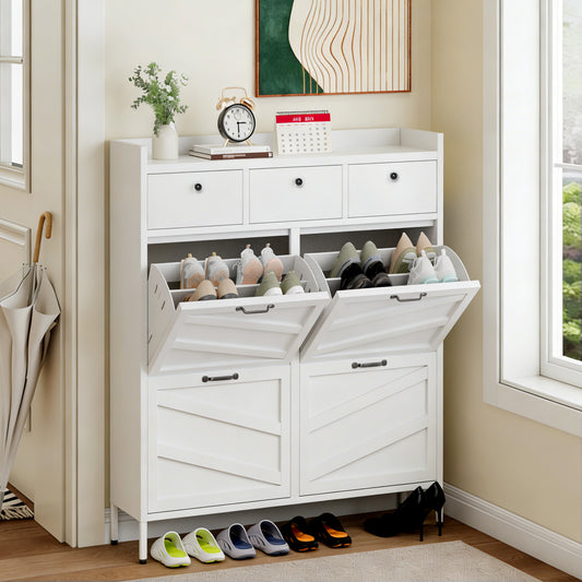 Metal Shoe Cabinet White - 4 Flip Drawers + 3 Drawers, Slim 11.8'D Freestanding Steel Shoe Organizer, Anti-Tip Hidden Entryway Shoe Rack - SolidRoot Buy Furniture USA