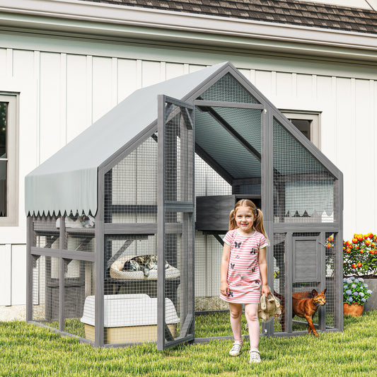 Cat, Large Outdoor Cat Enclosure for Multiple Cats with 2 Platforms, 2 Resting Box and 1 Bridges, Wooden Feral Cats Shelter with Waterproof and UV Proof Canopy, 74.02 x 55.15 x 74.02 inch