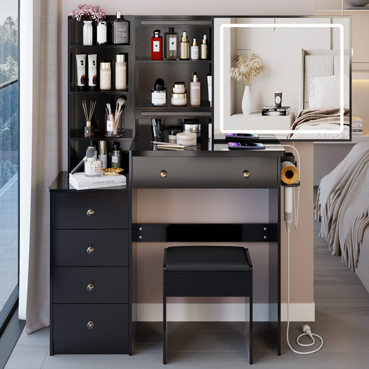 37' Middle Size Left Bedside Cabinet Vanity Table + Cushioned Stool Dresser Set, 2 AC+2 USB Socket, Hair Dryer Stand, Large Touch Control LED Sliding Mirror, 3-color Switch, EPA, GCC, UL Certificate SolidRoot Buy Furniture USA