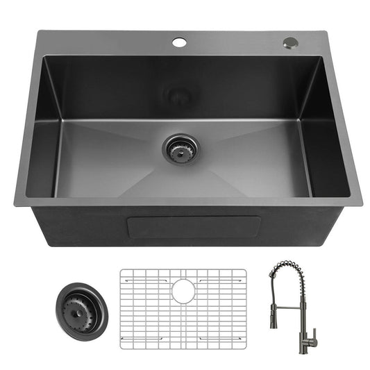 30 inch Drop-in Single Bowl Kitchen Sink, 18 Gauge Gunmetal Black Stainless Steel Kitchen Sink, Handmade Topmount Sink with Gunmetal Black Pull Out Spring Neck Faucet