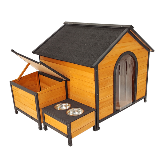 XPT088 Wearable and Strong Wooden Dog House with Metal Bowls and Toy Box, Natural, Solid Wood, 55.12 x 38.98 x 37.00 inches - SolidRoot Buy Furniture USA