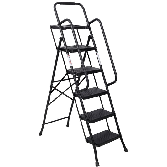 5 Step Ladder, Folding Step Stool with Wide Anti-Slip Pedal, Sturdy Steel Ladder 330 LBS Load Capacity, Convenient Handrail, Lightweight, Portable Steel Step Stool SolidRoot Buy Furniture USA