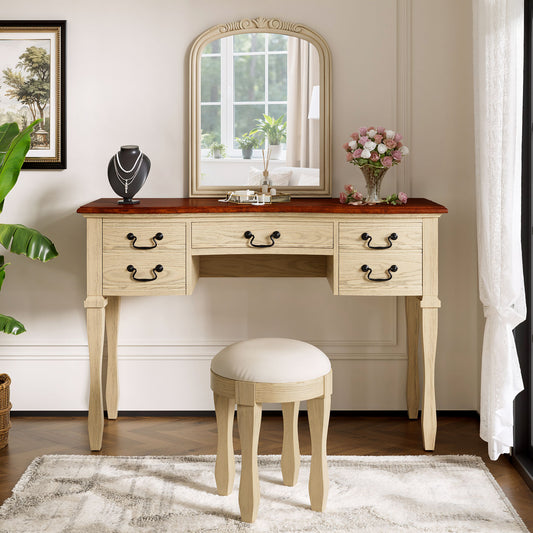 46' Vintage Makeup Vanity with Curved Flower Frame Mirror, Elegant Dressing Table with 5 Drawers and Leather Stool, Vanity Desk with Solid Wood Legs and Antique Handles for Bedroom - SolidRoot Buy Furniture USA
