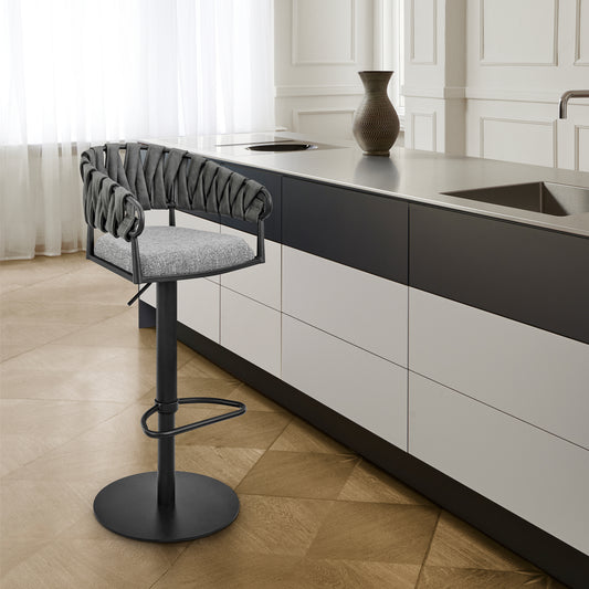 Blaise Adjustable Swivel Counter or Bar Stool in Black Metal with Gray Fabric and Faux Leather SolidRoot Buy Furniture USA