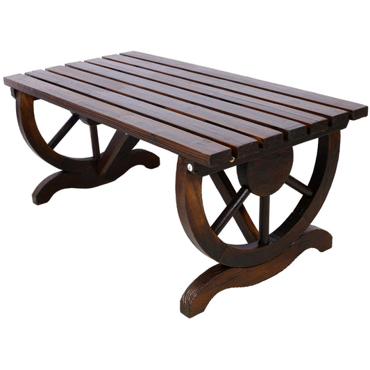 Rustic Wooden Bench with Wagon Wheel Legs for Garden and Patio, Brown, Solid Fir Wood, 38.5 x 19 inches SolidRoot Buy Furniture USA