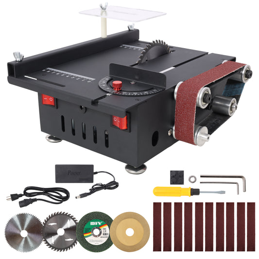 Mini Table Saw,Belt Sander,4pcs Blades,10pcs Sanding Blet,7 Gear Adjustable 0-90° Angle, Available for Wood/PCB/Acrylic/Plastic,DIY Model Crafts Cutting Tool SolidRoot Buy Furniture USA