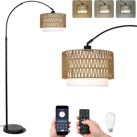 Arc Floor Lamp with Remote, Modern LED Floor Lamp with Dimmable Bulb, Boho Farmhouse Standing lamp with Fabric & Rattan Lampshades, Height Adjustable Black Tall Lamp for Living Room Bedroom SolidRoot Buy Furniture USA
