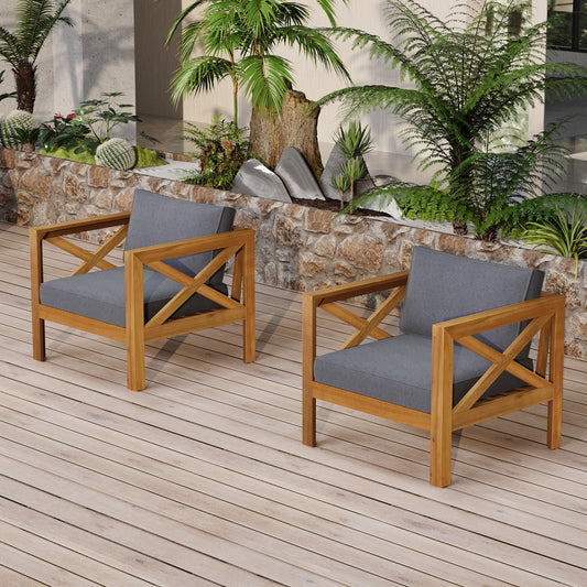 Outdoor Acacia Wood Club Wooden Armchair with Cushions (Set of 2), Conversation Set,Teak Finish,Dark Grey cushion SolidRoot Buy Furniture USA