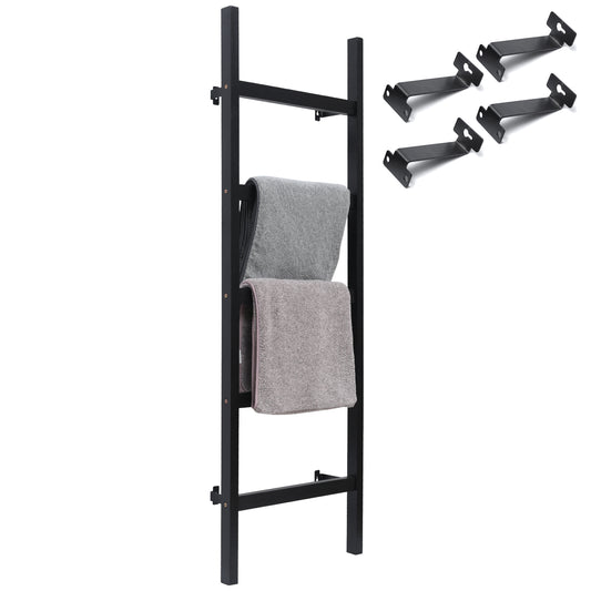 FUIN 57in Wall Mounted Wooden Blanket Ladder Living Room Decorative Farmhouse Quilt Display Holder Rustic Wood Towel Rack for Bathroom, Black