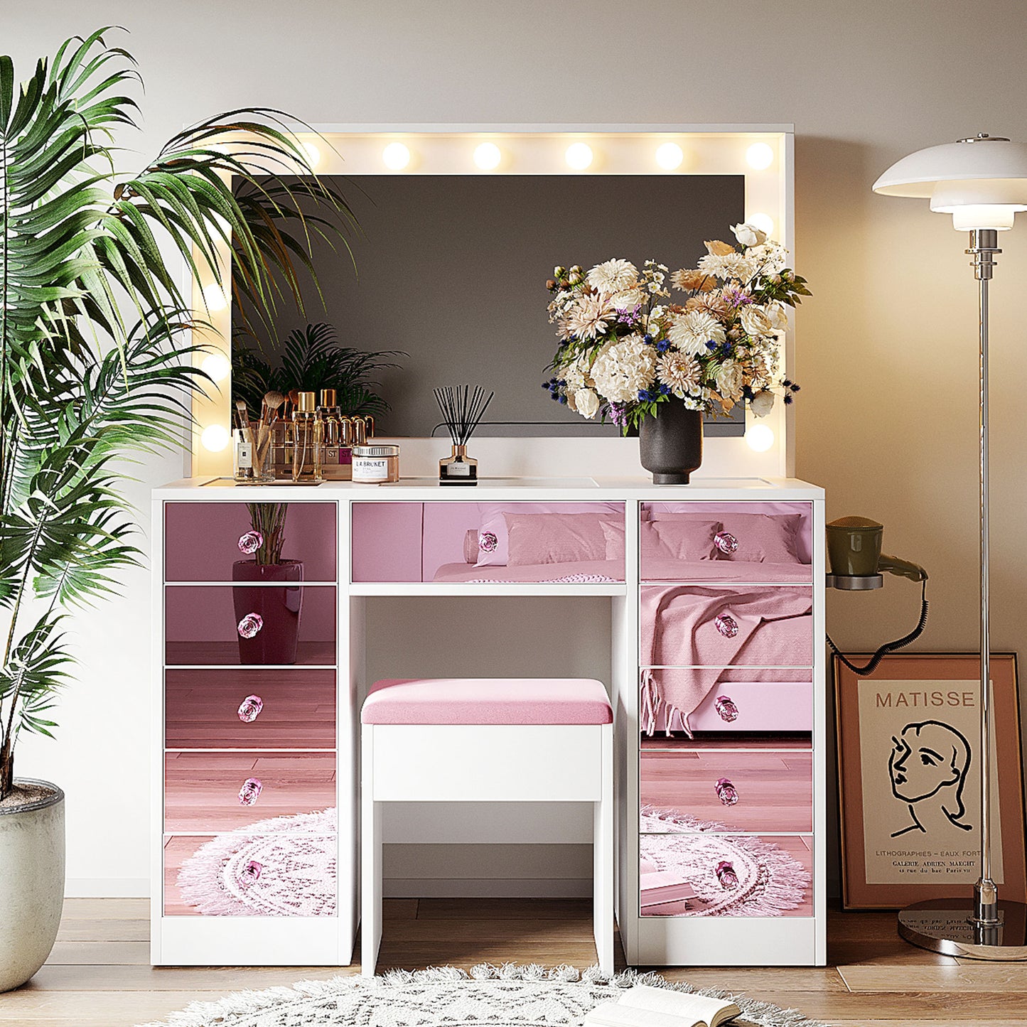 Makeup Vanity with 15 Hollywood Bulbs, 3Color Lighting Modes Adjustable Brightness, Dressing Table with Visual Glass Top and 11 Pink Finish Drawers, Vanity Desk Set with Cushioned Stool, Pink SolidRoot Buy Furniture USA