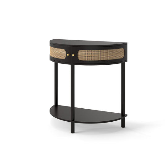 Boho Rattan Semi Circle End Table with Sliding Door, Elegant Black Wood Accent Table with Storage and Bottom Shelf SolidRoot Buy Furniture USA