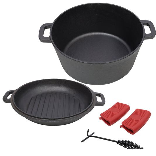 3 in 1 Pre-Seasoned Cast Iron Dutch Oven, Outdoor Camping Deep Pot, Black, 5 Quart with Silicone Handles SolidRoot Buy Furniture USA