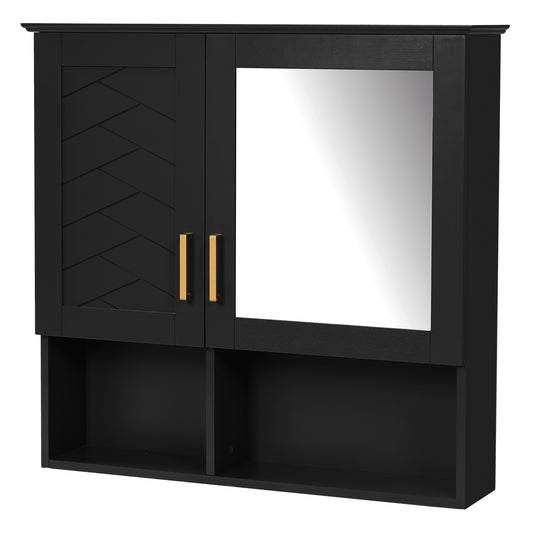 Modern 2-in-1 Bathroom Mirror Cabinet with Adjustable Shelves, Soft-Close Doors, High-Definition Mirror in Black Finish, MDF and Rubber Wood Construction, 30 Inch