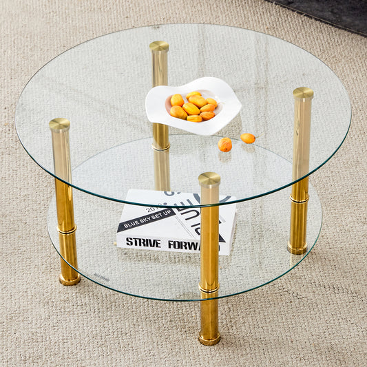 Contemporary Minimalist Double Layer Tempered Glass Coffee Table - 27.5' Top and 23.6' Bottom.Reinforced Glass Tabletop,Stainless Steel Golden Plated Legs. SolidRoot Buy Furniture USA
