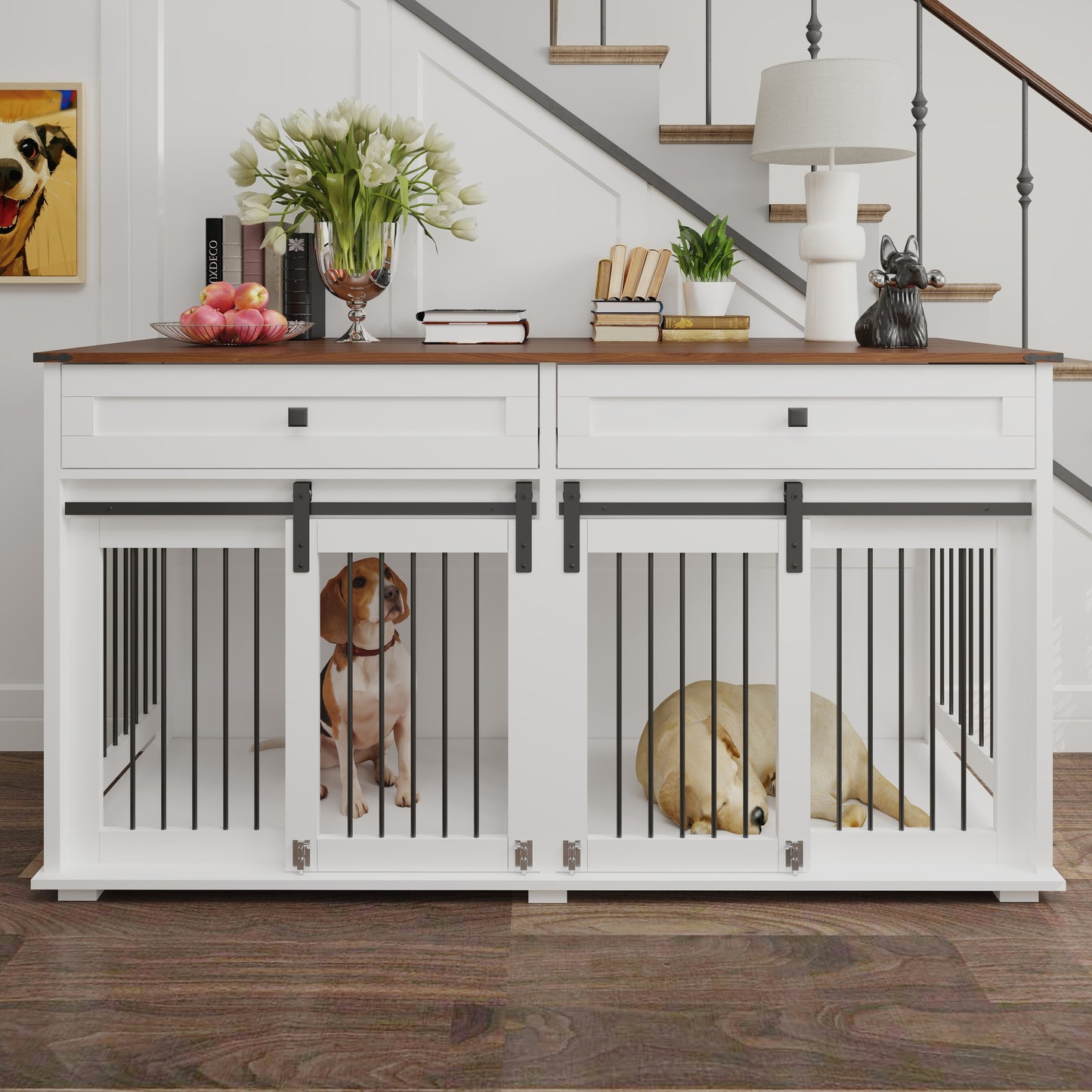 63'' Large Dog Crate Furniture for Double Dog, Wooden Dog Kennel with 2 Drawers,Divider and Sliding Door, Water Resistant Indoor Pets Furniture Style Double Dog Crates