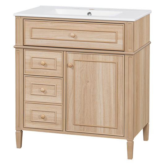 '30'' Bathroom Vanity with Sink, Solid Wood & MDF Cabinet, Flip-Out Drawer, 2 Soft-Close Drawers, 1 Soft-Close Door, Elegant Wood Handles' - SolidRoot Buy Furniture USA