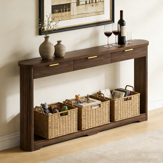 70.1' Wavy-Patterned Storage Table with Drawers; a slim wooden side table that can be placed behind a sofa, ideal for entryways, hallways, and doorways.Walnut.70.1'L*8.7'W*35.5'H SolidRoot Buy Furniture USA