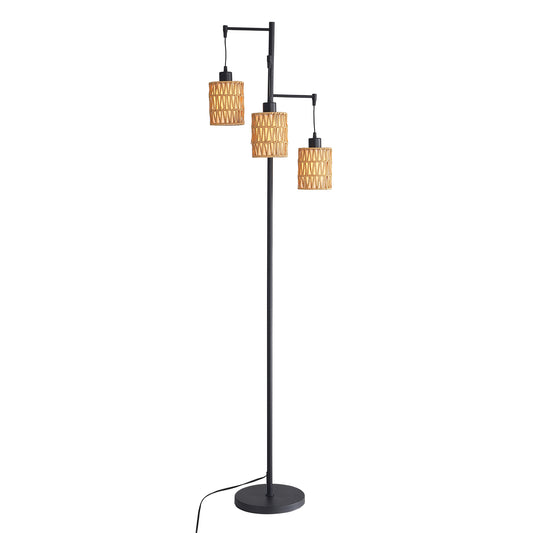 Floor Lamp, 66 Inch Modern Tall Lamp with Rattan and White Fabric Shade, Black Pole & 9.4 Inch Base, Bulb Not Included, Foot Switch Control - SolidRoot Buy Furniture USA
