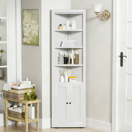 71' Tall Corner Storage Cabinet with 2 Doors, 5-Tier Metal Cabinet with Adjustable Shelves, Freestanding Kitchen Storage for Pantry, Living Room, Bathroom, Laundry Room, Space Saving Furniture, White - SolidRoot Buy Furniture USA