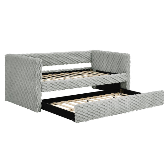 Modern Twin Size Daybed Upholstered Sofa Bed with Pull-Out Feature in Plaid Corduroy Fabric - Dark Grey SolidRoot Buy Furniture USA