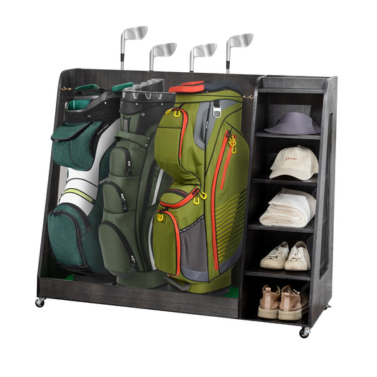 Gray Wooden Golf Bag Storage Rack with 3 Drawers, Holds 2 Stand Bags & 14+ Clubs, Organizer for Golf Balls, Shoes & Accessories, Heavy Duty for Garage, Indoor Outdoor Use, Easy Assembly - SolidRoot Buy Furniture USA