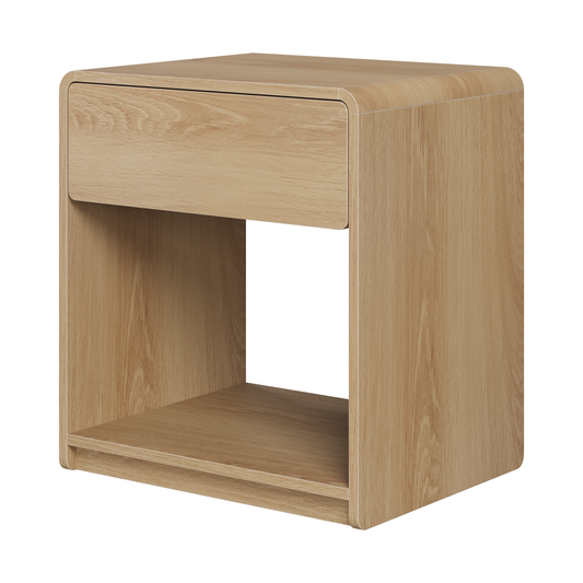 Mid-century modern bedside table set, 2 pieces, oak color, with storage drawers and open shelves, compact side table with rounded corners, made of particle board SolidRoot Buy Furniture USA