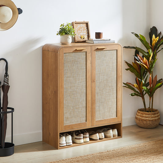 Rattan Shoe Cabinet with Doors, 6-Tier Shoe Storage Cabinet with Adjustable Shelves,Wooden Shoes Rack Shoe Storage Organizer for Entryway, Hallway, Closet, Living Room,Caramel Oak. - SolidRoot Buy Furniture USA