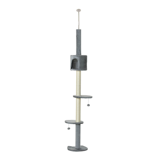 PawHut 85.5' Cat Tree Height Adjustable Floor-to-Ceiling 4-Tier Kitty Climbing Activity Center Condo Cat Toy with Scratching Post Hanging Balls Play Rest Post Pet Furniture Grey