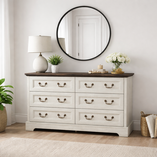 Farmhouse 6-Drawer Dresser, Rustic Wooden Chest of Drawers with Metal Handles, Wide Storage Dresser TV Stand for Bedroom, Living Room, Hallway, Dining Room (Grey) SolidRoot Buy Furniture USA