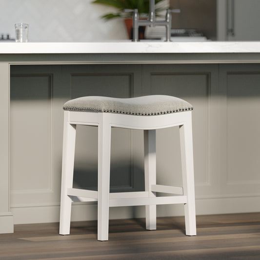 Zoey 26in. Counter-Height Backless Wood Saddle-Seat Barstool with Nailhead Trim, Farmhouse Whitewash with Gray Upholstered Seat SolidRoot Buy Furniture USA