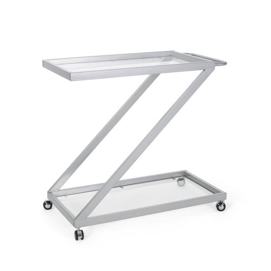 Modern Z-Shaped Bar Cart with Tempered Glass Shelves in Silver Glass+Metal SolidRoot Buy Furniture USA