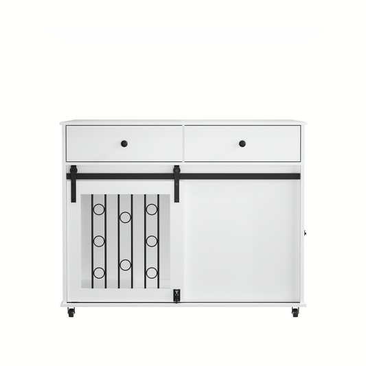 Modern White Wooden Dog Crate Furniture with Double Drawers and Sliding Barn Door, Stylish Pet Kennel for Small to Medium Dogs – MDF Construction, 39.37'' - SolidRoot Buy Furniture USA
