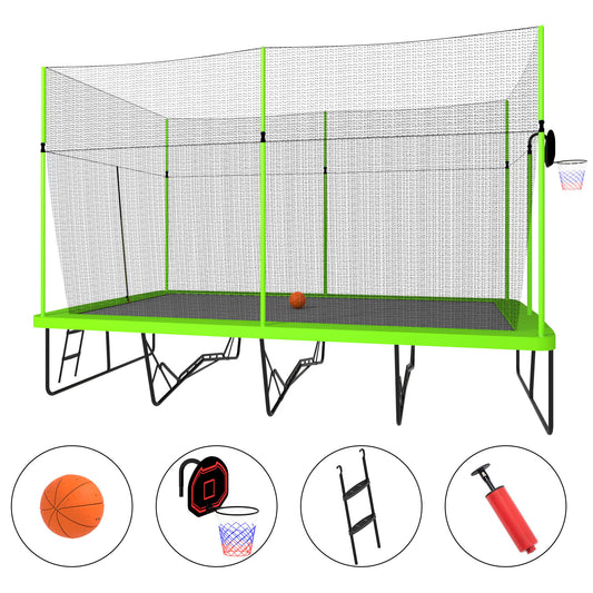 10ft by 17ft Rectangule Trampoline with Green Fabric Black Powder-coated Galvanized Steel Tubes with Basketball Hoop System Advanced Ladder - SolidRoot Buy Furniture USA