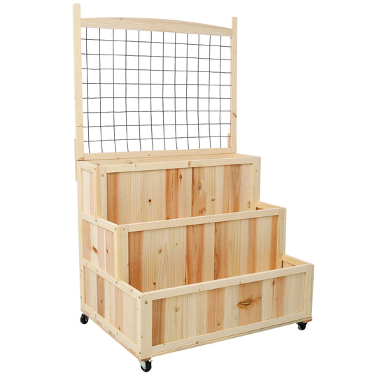 3-Tiers Raised Garden Bed with Trellis, 53' H Vertical Planter Box with Wheels & Back Storage Area, for Flowers, Vegetables, Herbs, Natural SolidRoot Buy Furniture USA