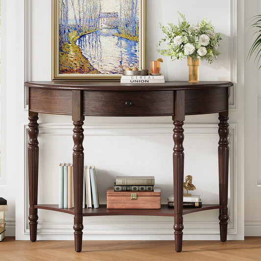 Farmhouse Half Moon Console Table with Drawer & Shelf - Rustic Accent Table, Sofa Table for Entryway, Living Room, Hallway and Foyer (Espresso) - SolidRoot Buy Furniture USA