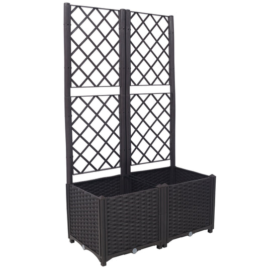 Poly Rattan Brown Trellis Raised Bed with Drainage Plug - 2 Removable Pots with Large Flower Boxes - Built-in Support for Climbing Plants - Outdoor Patio Garden Decoration SolidRoot Buy Furniture USA
