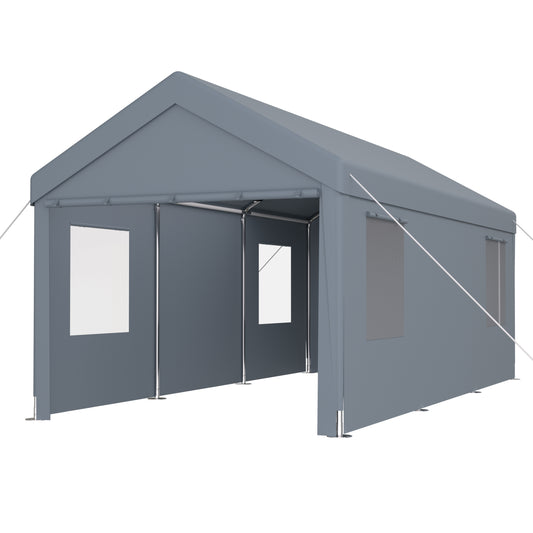 Carport 10' x 20' Portable Garage, Heavy Duty Car Port Canopy with 2 Roll-up Doors & 4 Ventilated Windows for Car, Truck, Boat, Garden Tools, grey SolidRoot Buy Furniture USA