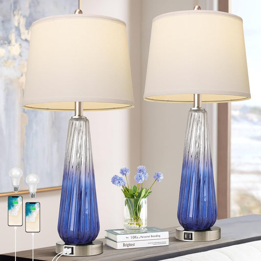 Table Lamps Set of 2 with Touch Control, 3-Way Dimmable Modern Glass Bedside Lamps with USB A+C Ports, Nightstand Lamp with White Fabric Shade, 27.5' Large Lamps for Living Room Bedrooms Decorations SolidRoot Buy Furniture USA