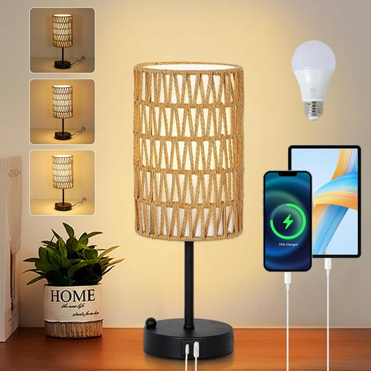 Touch Table Lamp For Bedroom with Bulb, Boho Small Desk Lamp For Living Room With Rattan & Linen Shade, 3 Way Dimmable Bedside Table Lamp For Nightstand With USB Charging Port & Phone Stand For Office SolidRoot Buy Furniture USA