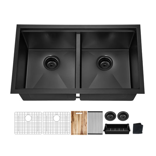 33 inch Upgrade Black Doubel Bowl Undermount Workstation Stainless Steel Sink , 18 Gauge Single Bowl Stainless Steel 10' Deep Under Counter Kitchen Sink Basin with Multifunctional Accessories