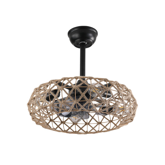 19' Hemp Rope Woven Ceiling Fan with 4 bulbs, Dimmable, 7 Blades, Reversible DC motor.
