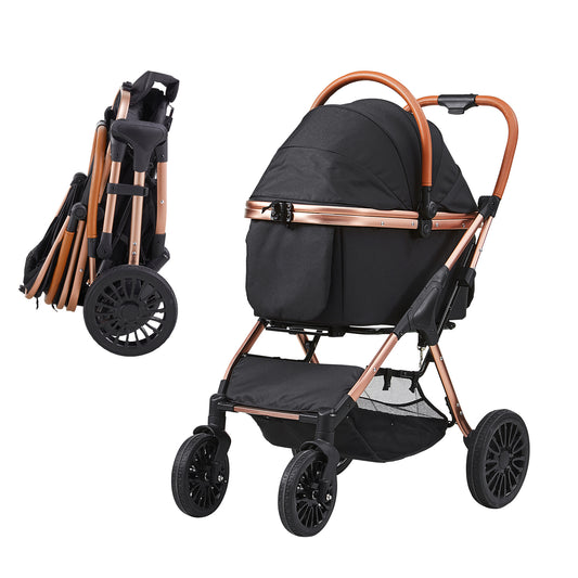 Pet Stroller, 4 Wheels Dog Stroller Rotate with Brakes, 66 lbs Weight Capacity, Puppy Stroller with Detachable Carrier, Storage Basket and Pet Pad, for Small to Medium Sized Dogs, Black - SolidRoot Buy Furniture USA