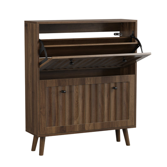 Mid-Century Modern Shoe Cabinet with Vertical Grooved Finish, Walnut-Colored Storage Unit, 31.5-Inch Tall, Ideal for Hallways and Entrances SolidRoot Buy Furniture USA