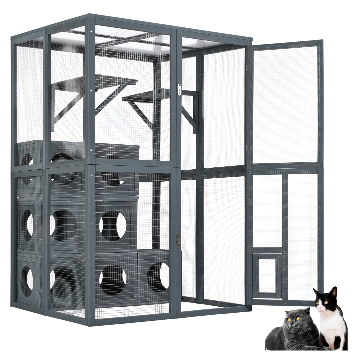 Grey Pine Wood Outdoor Cat House with Shelves and Weather Protection, Removable Wood Boxes