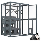 Grey Pine Wood Outdoor Cat House with Shelves and Weather Protection, Removable Wood Boxes
