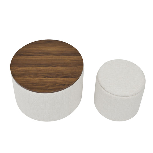 Classic 2-Piece Round Chenille Storage Ottoman Set with Drum Shaped Stool and MDF Desktop Panel in Beige SolidRoot Buy Furniture USA
