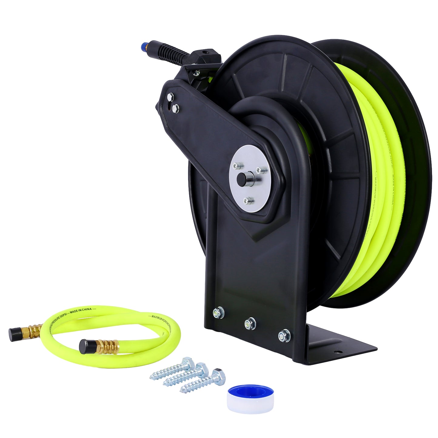 Retractable Air Hose Reel With 3/8' Inch x 50' Ft,Heavy Duty Steel Hose Reel Auto Rewind Pneumatic,Industrial Grade Rubber Hose,300 PSI,Black SolidRoot Buy Furniture USA