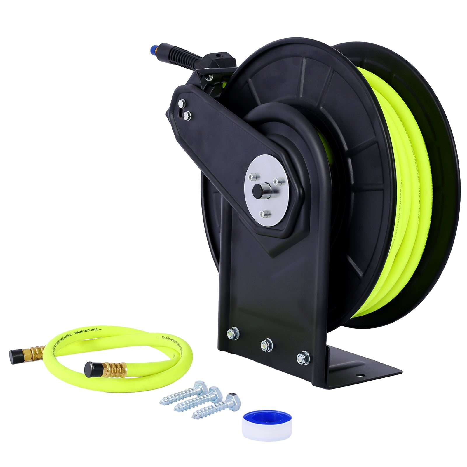 Retractable Air Hose Reel With 3/8' Inch x 50' Ft,Heavy Duty Steel Hose Reel Auto Rewind Pneumatic,Industrial Grade Rubber Hose,300 PSI,Black SolidRoot Buy Furniture USA